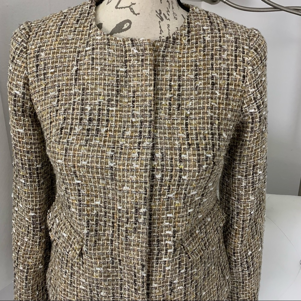 Talbots Beige Gold Metallic Zipper Front Tweed Blazer Jacket Mature Modest 2P - Picture 2 of 11